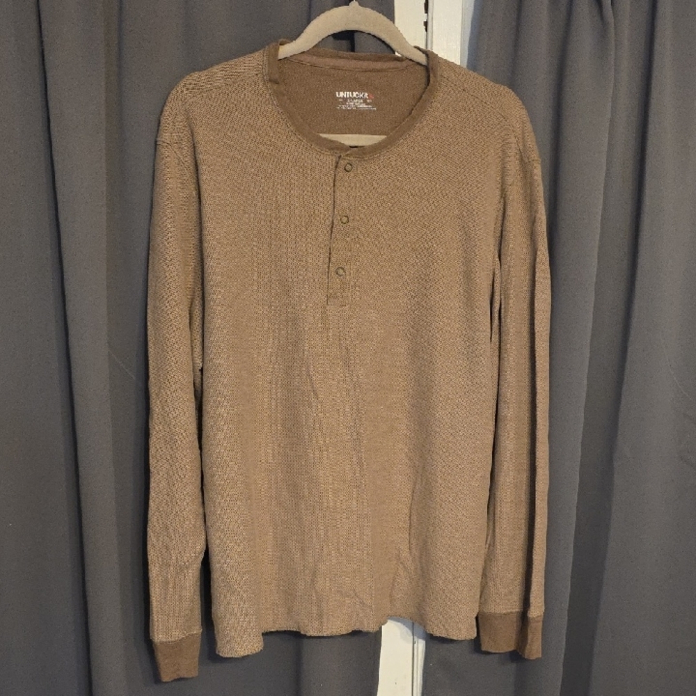 UNTUCKit Men's Brown Henley Waffle Weave Shirt Snaps Serged Hem Sz XL GUC READ